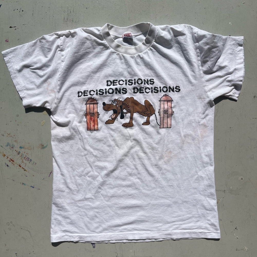 Men's Vintage Decisions Dog T-Shirt White Funny L Single Stitch Distressed Korea